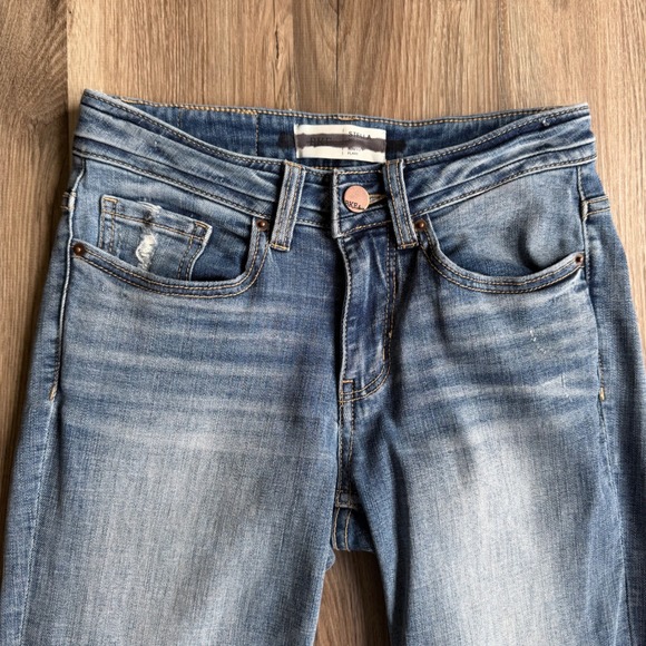 BKE Stella Slim Fit Flare Low Rise Jeans 27 Raw Hem Distressed Denim Womens Y2K - Picture 2 of 8